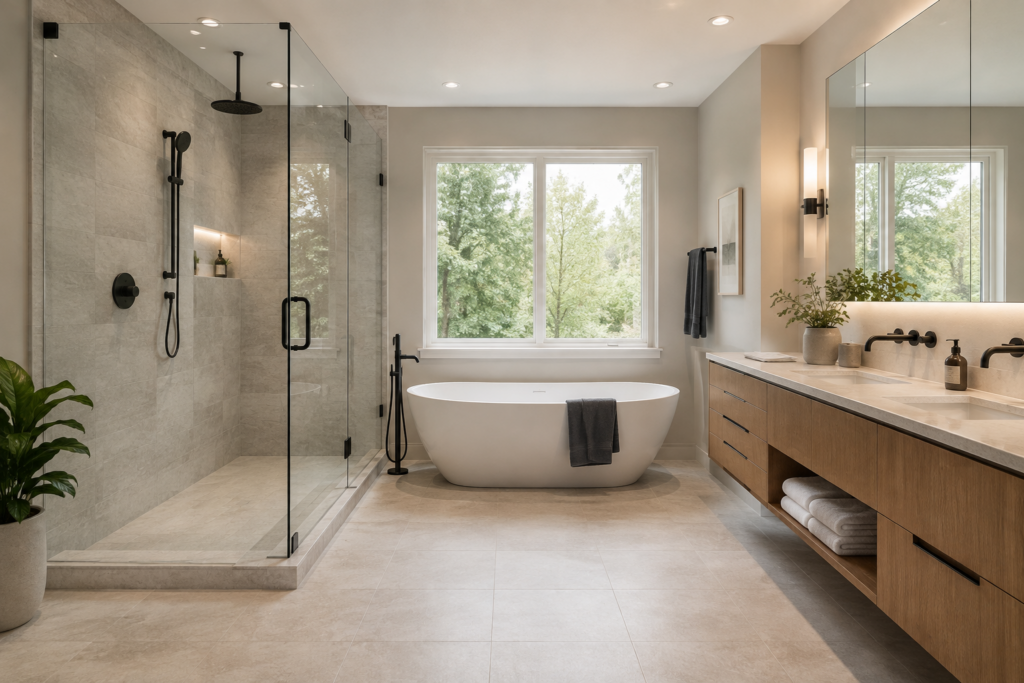 Modern bathroom renovation in Thunder Bay with walk-in shower, freestanding tub and double vanity
