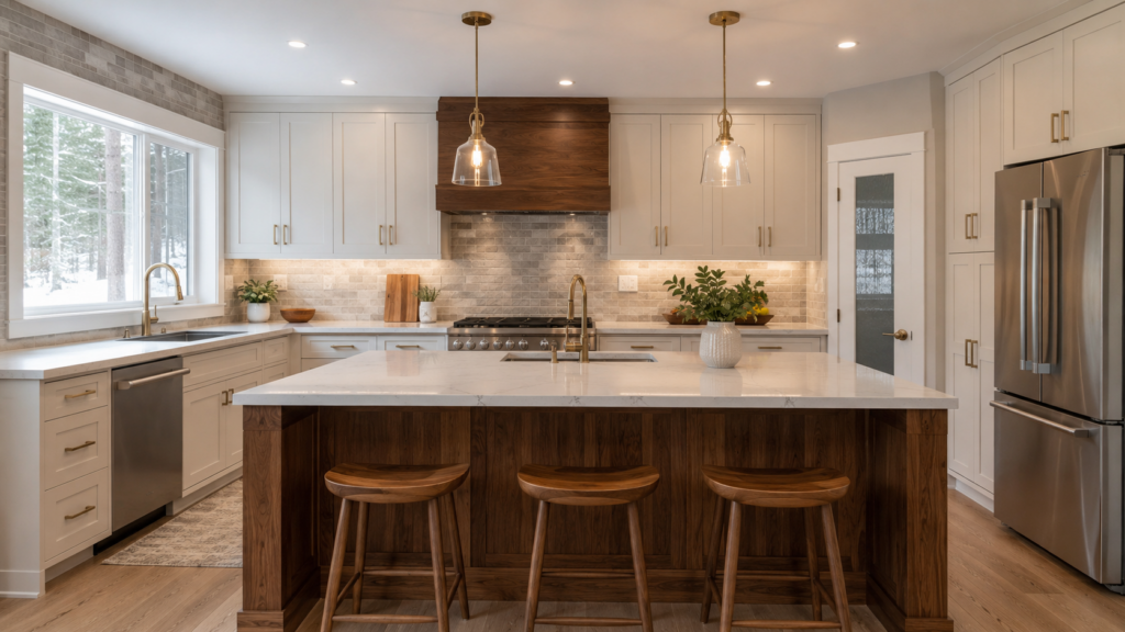 Modern kitchen renovation with white cabinets, walnut island and quartz countertops